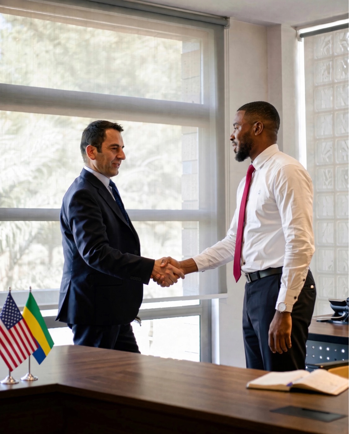 A white businessman and a Black businessman shaking hands in an office with U.S. and Gabonese flags on the desk